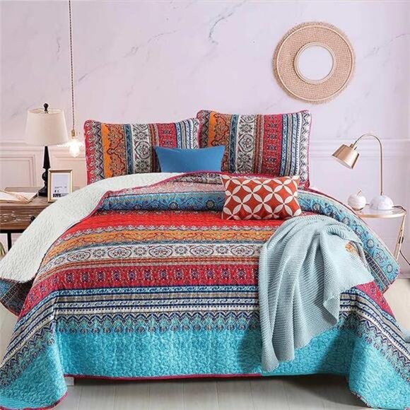 BEDDING Bohemian Quilt Set Queen Size, Boho Striped Pattern Bedspread Set - Picture 7 of 7